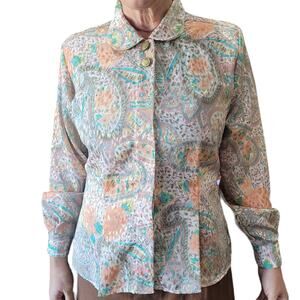 Vintage Paisley Tapestry Blouse Crest Buttons Grannycore Cottagecore Women Med
